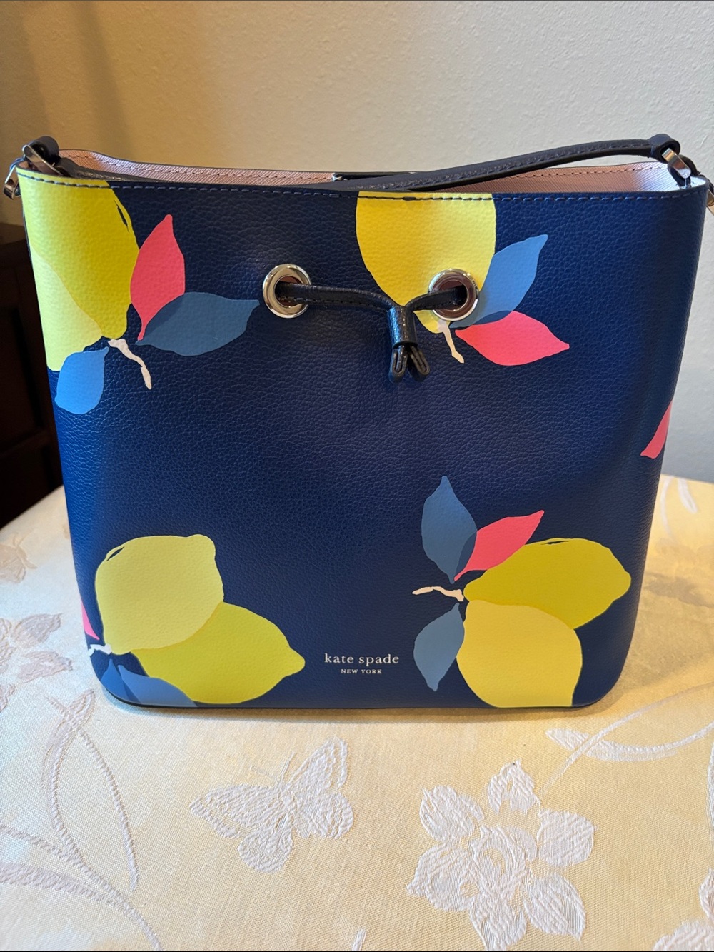 New Large Kate Spade New York Eva Lemon Zest /Blue Bucket Bag. Multi Leather